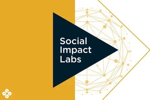 Image with yellow box on left and line drawing of globe on the right. Overlaid with a dark blue triangle with text "Social Impact Labs", with center logo in the bottom left corner.