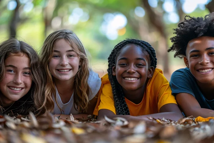 happy Diverse adolescents lying on the ground in the park, hospitality --no hands 