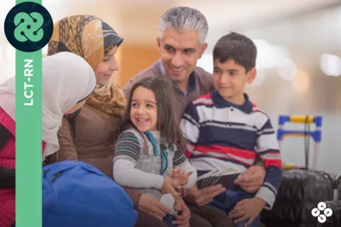 Photograph of family talking together