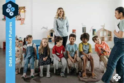 Photograph of kindergarten students sitting in class with two teachers in the foreground.