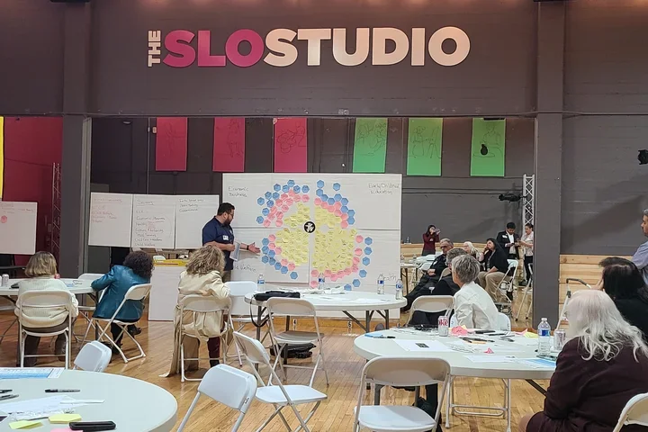 Participants from the Ecosystem Mapping Session sitting in round tables focusing their attention to the back of the room where the main activity is taking place