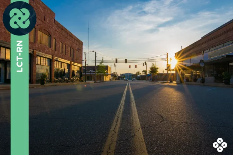  empty town road with sun shining.