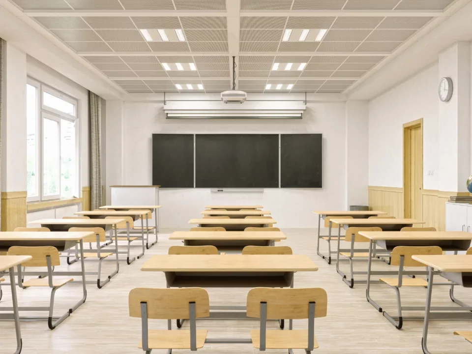 Photograph of a empty classroom with a screen in the front and student desks in a grid in the foreground.