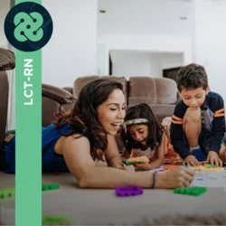 Photograph of a family drawing and playing with kids with green banner reading "LCT-RN" on the left side.